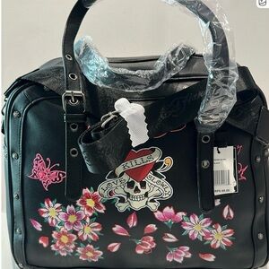 NWT Ed Hardy Black and Pink Skull Floral Shoulder Bag